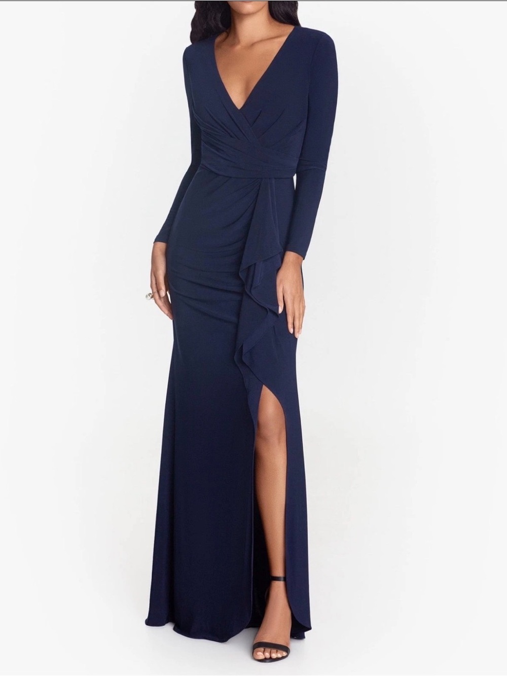 Betsy & Adam Navy Faux Wrap Cascade Jersey Gown Long Sleeve Size 12